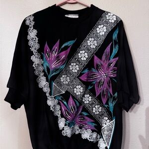 Vintage 80s black top with purple flowers, lace glitter and glam